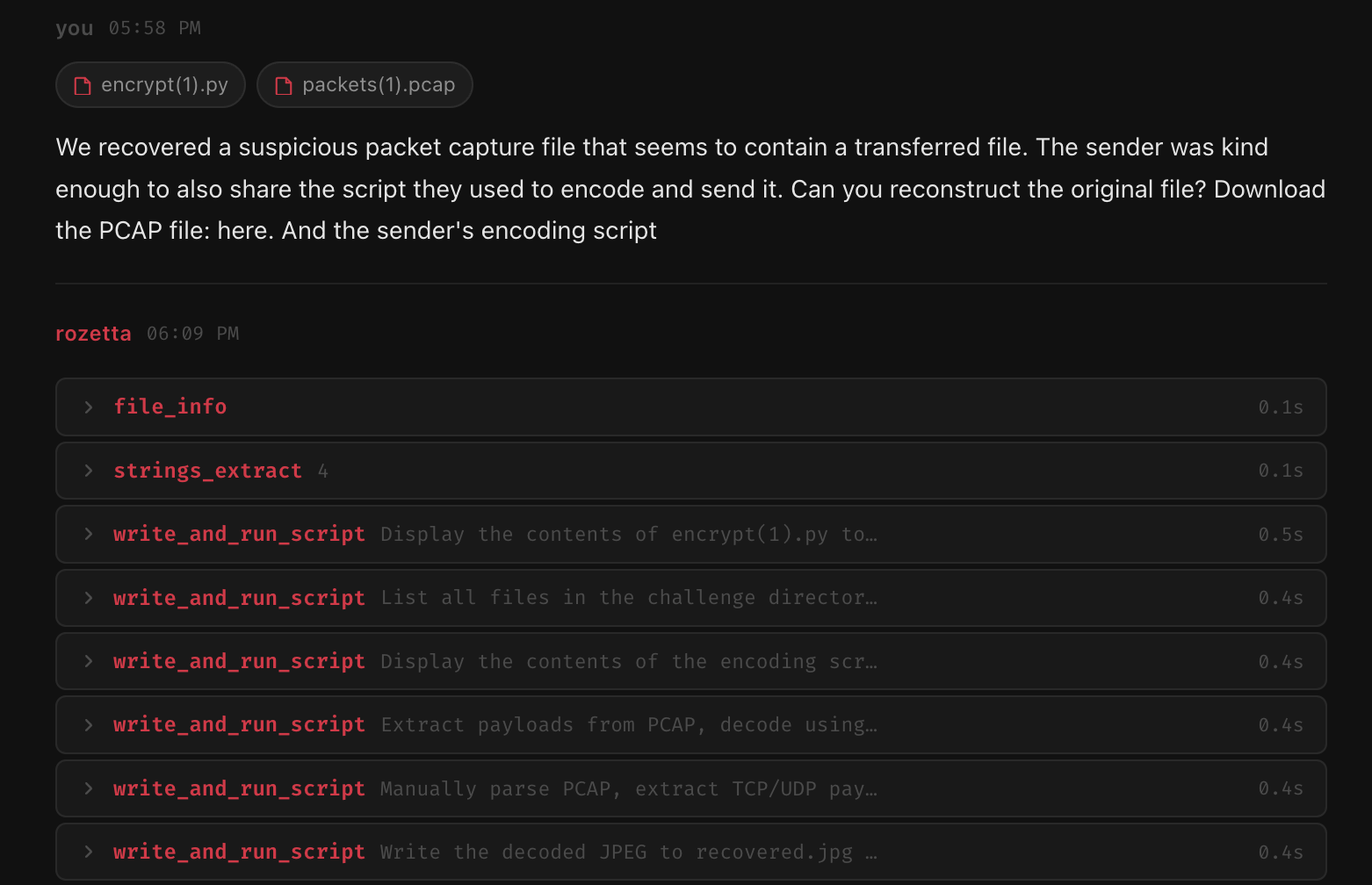 rozetta running tool calls while reconstructing data from a packet capture